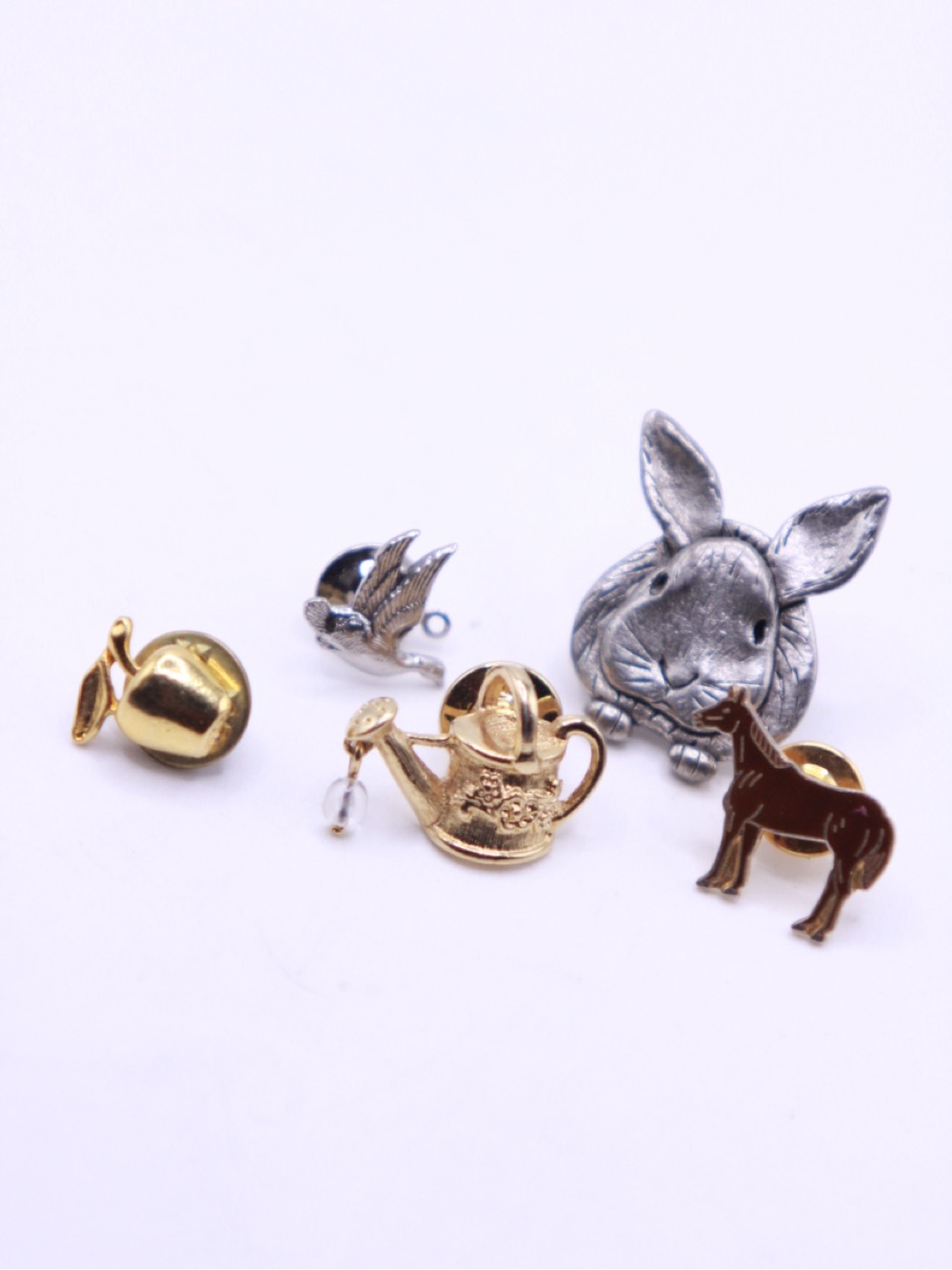 Mixed Metal Animal & Garden lapel Pins - Rabbit, Horse, Bird, Watering Can